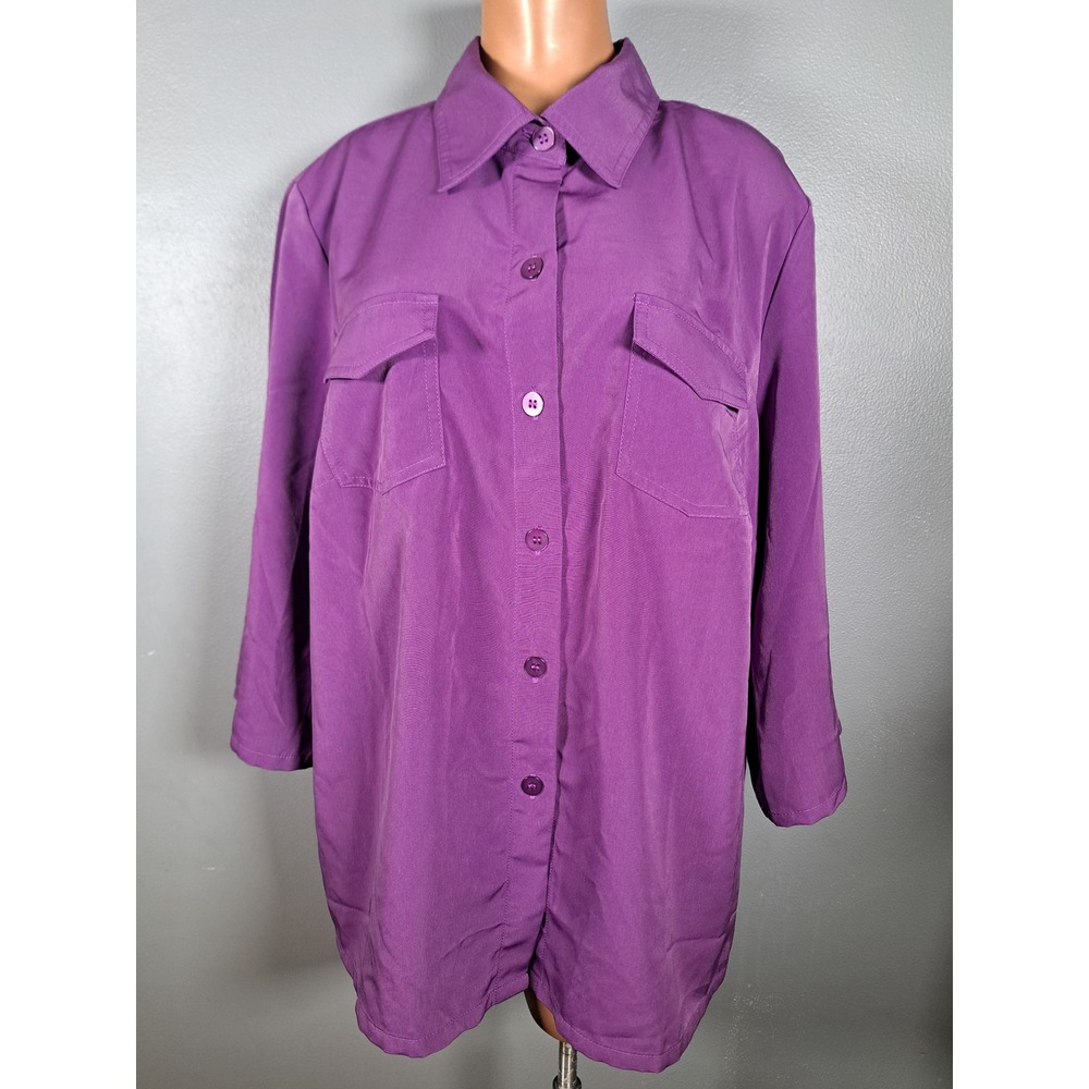 Susan Graver Purple Roll Tab Sleeve Button Front Shirt Blouse A87186 Women Large